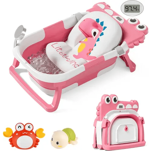 TPN Collapsible Baby Bathtub for Infants to Toddler with Real-time Temp Monitor+Floating Cushion,Foldable Baby Bath Tub Set Applicable 0-36 Month,Perfect Portable Travel Baby Tub for Newborns Boy