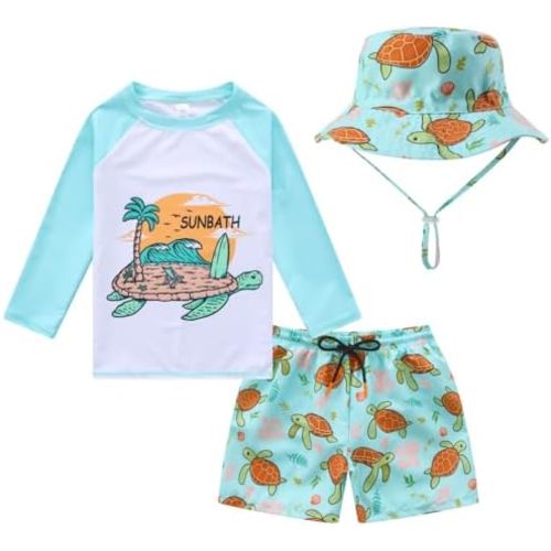 Baby-Boys Toddler Long Sleeved Rashguard Swim Bathing Suit and Sun Hat Set