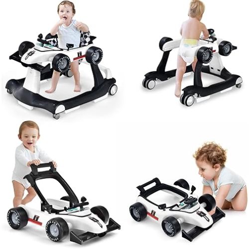 HONEY JOY 4-in-1 Baby Walker, Activity Push Walker w/3 Adjustable Heights, Smooth Wheels w/Adjustable Speed, Padded Seat, Music & Light, Foldable Car Walker for Baby Boys Girls Age 6 Months+ (White)