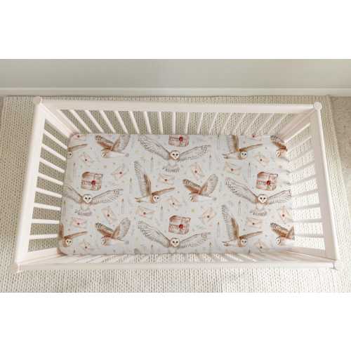 magical owl mail delivery wizard crib sheet for babies nursery, gender neutral fantasy themed babies room