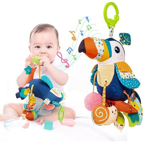 Jollybaby Musical Activity Pull String Hanging Toy for Baby Stroller Car Seat Crib Play Gym, Plush Stuffed Toucan Sensory Toys for Carseat with Music Teether Rattles, Baby Boys and Girls Gift