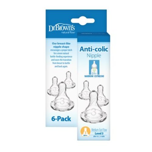 Dr. Brown's Level 3, Narrow Baby Bottle Nipple, Medium-Fast Flow, 6m+, 100% Silicone, 6 Pack