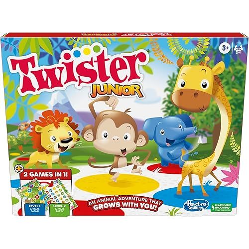 Hasbro Gaming Twister Junior Game, Animal Adventure 2-Sided Mat, 2 in 1 Party Games for Kids Ages 3 and Up, Indoor Game for 2-4 Players (Amazon Exclusive)