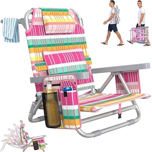 Suteck Beach Chair, Adjustable 5-Position Backpack Beach Chairs for Adults Kids, Foldable Lay Flat Chair with Cooler Bag, Cup Holder and Lumbar Pillow, Reclining Lay Down Chairs for Lawn Outdoor