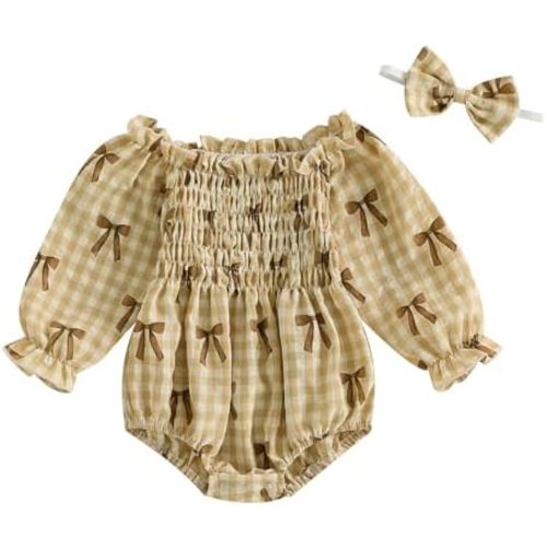 Infant Baby Girl Bubble Romper Boho Clothes Long Sleeve Cotton Smocked Jumpsuit Outfit with Headband