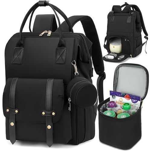 Breast Pump Backpack & Diaper Bag with Cooler, Fits Spectra S1 S2 Medela, Pumping Bag for Work, Fits 15.6" Laptop, 15 Pockets, Reinforced Zippers, Pacifier Case, Stroller Straps, Black