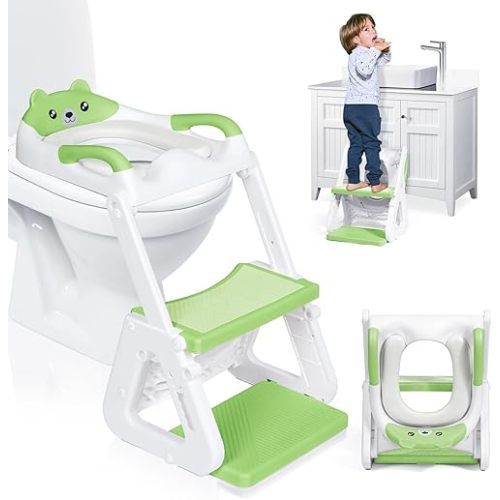 Orzbow 2-IN-1 Potty Training Seat with Step Stool, Height Adjustable Toilet Seat for Toddler, Potty Training with Splash Guard for Kids Boys Girls, Stability Ladder and Anti-Slip Pad, Green