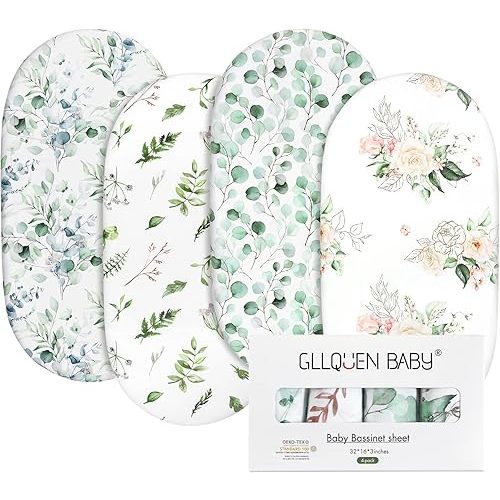 Gllquen Baby Bassinet Sheets 4 Pack, Breathable Cozy Fitted Mattress Sheet, Elastic Travel Crib Fashionable Floral Pattern, Standard Cradle Safe Sheets for Baby Boy Girls 32"X16"(Greenery)