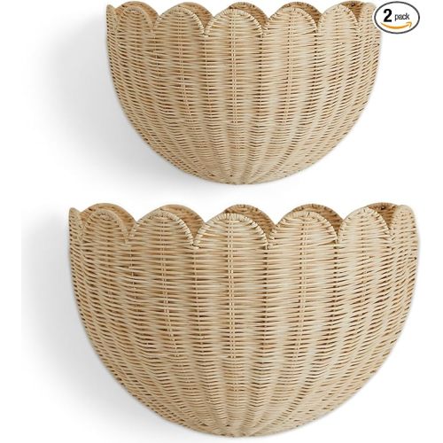 BEBE BASK The Original Scalloped Wicker Wall Basket – Set of 2 – Handwoven Scalloped Wall Baskets (16 x 10 x 7 in), Woven Rattan Wall Hanging Baskets - Natural Scalloped Basket