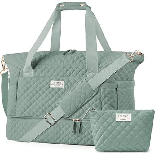 ETRONIK Travel Bag for Women, Gym Duffel Bag with Shoes Compartment, Weekender Overnight Bag with Wet Pocket for Women Travel Gym Daily Use (Green)