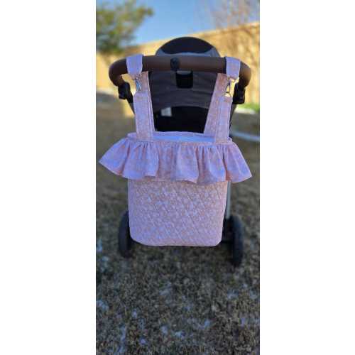 Handmade Quilted Stroller Basket with Ruffle Trim, Zipper Pockets