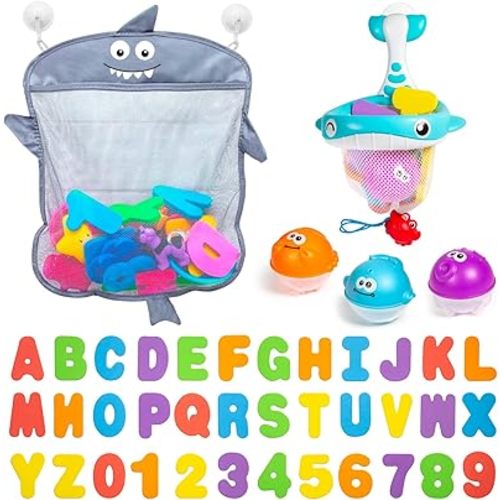 Comfylife Baby Bath Toy Organizer - Bath Toy Storage for Shower - Bathtub Toy Organizer Includes Foam Bath Toys (Numbers & Letters & Squirty Toys) + Extra Net That Doubles as a Toy