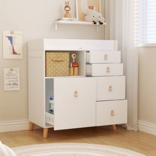 Famapy Baby Changing Table Storage Cabinet With leather Pulls Large Worktop Four Drawers Rich Storage Space Practical and Safe