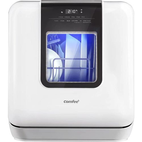 COMFEE' Countertop Dishwasher, Portable Dishwasher with 6L Built-in Water Tank, Mini Dishwasher with More Space Inside, 7 Programs, UV Hygiene& Auto Door Open, for Apartments, Dorms& RVs, White