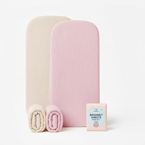 Muslin Bassinet Sheets Set of 2 Large Size 33x17 Pink & Beige Baby Bassinet Sheets, Soft Breathable Fitted Sheets for Bedside Sleeper, Gentle on Baby Skin, Stays Tight & Won’t Bunch Up