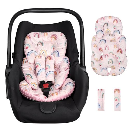 Infant Car Seat Insert Cushion, Super Soft Baby Car Seat Head Support & 2 Straps Pads, Reversible Preemie Newborn Carseat Insert, Fit Car Seat, Stroller, Infant Bouncer, Pink Rainbow