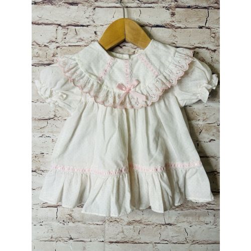 Vintage Baby Dress White with Pink Polka Dots Ruffle Collar New York Kids 6-12mo