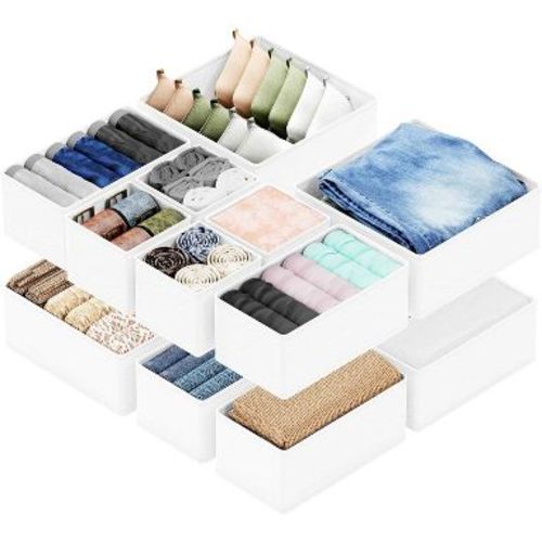 Set of 12 Collapsible Drawer Organizer Bins for Clothes, Closet Organizers and Storage Dividers for Clothing (White)