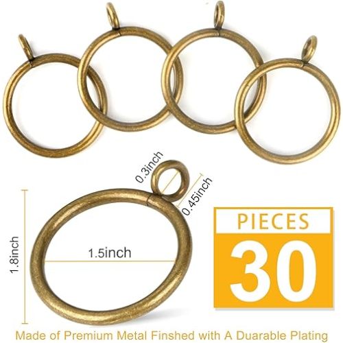 Antique Brass Curtain Rings with Eyelets for Up to 1.2-inch Curtain Rods (Set of 30 PCS Curtain Rings)