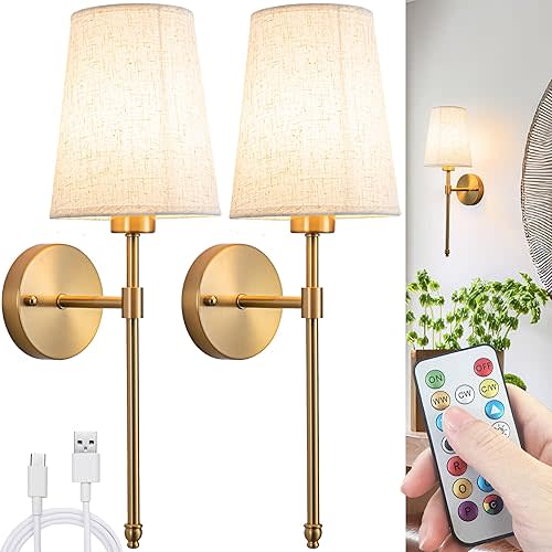 Battery Operated Wall Sconces Set of Two, Wireless Wall Sconce with Remote Control, Indoor Dimmable Battery Operated Wall Lamp Light for Bathroom Vanity Light, Easy to Install, No Wiring Required (Co