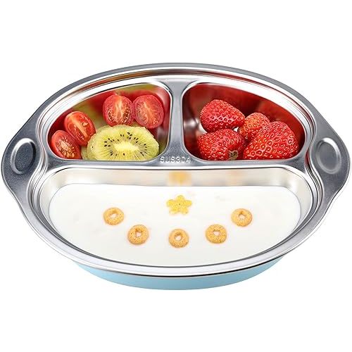 MR. CHOU Stainless Steel Baby Suction Plates, Divided Plates for Babies & Toddlers, 100% Food Grade Kids Plates for Baby Led Weaning, BPA Free Toddler Feeding Supplies, Dishwasher Safe, Blue