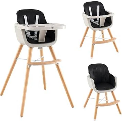 BABY JOY Convertible Baby High Chair, 3-in-1 Wooden High Chair/Booster/Chair with Removable Tray, Adjustable Legs, 5-Point Harness, PU Cushion and Footrest for Baby, Infants, Toddlers (Black)