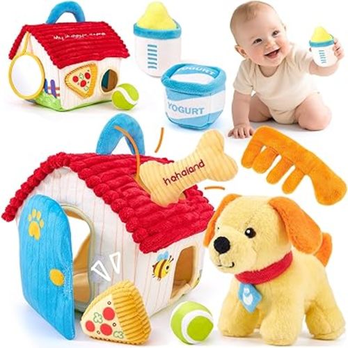 hahaland Baby Toy for 6 + 12 18 Months – Montessori Puppy Plush Sensory Toy Set with Rattle, Crinkle, Mirror & Shape Sorter – Interactive Learning Gift for Baby Toddlers Ages 1-3