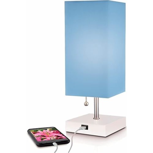 Modern Blue Small Table Lamp w USB Quick Charging Port, Great for LED Bedside, Desk, Bedroom, and Nightstand Lamps or Other Table Lights, 14 inch