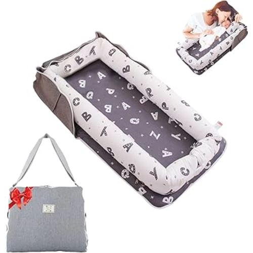 Baby Lounger for Newborn Portable Bag,Baby Nest Play Gym mat with Strap,Newborn Lounger Adjustable Size & Inner Zipper Lengthen Space to 24 Months(Letter Gray)
