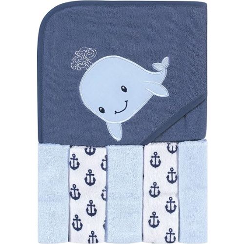 Hudson Baby Unisex Baby Hooded Towel and Five Washcloths, Sailor Whale, One Size