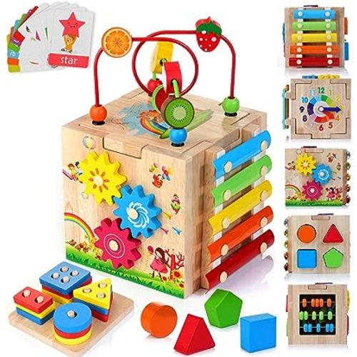 HELLOWOOD Wooden Activity Cube, 8-in-1 Montessori Toys for 1+ Year Old Boys & Girls, Educational Learning Toys for Toddlers Age 1-2, 1st Birthday Gift | Bonus Sorting & Stacking Board