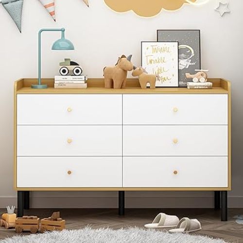 White Dresser for Bedroom, 6 Drawers Wood Dresser with Golden Handles, Modern Wide Chest for Hallway, Entryway