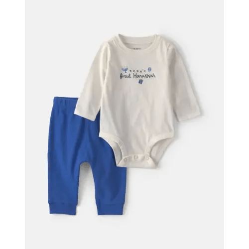 Baby 2-Piece 'Baby's First Hanukkah' Long-Sleeve Bodysuit & Pant Set - Blue/Cream | Carter's
