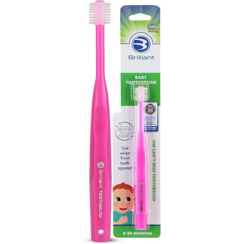 Brilliant Oral Care Baby Toothbrush with Soft Bristles and Round Head, for a Toddler Approved, Easy to Use All-Around Clean Mouth, Ages 0-2 Years, Pink, 1 Pack