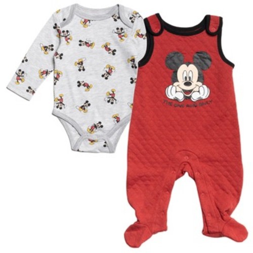 Disney Mickey Mouse Infant Baby Boys Cuddly Bodysuit Snap French Terry Overall Gray / Red 12 Months