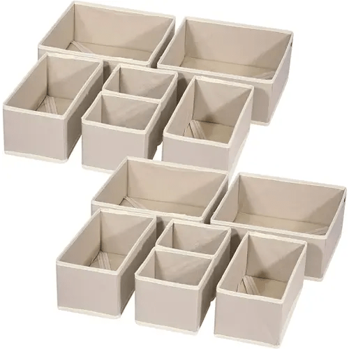DIOMMELL 12 Pack Foldable Cloth Storage Box Closet Dresser Drawer Organizer Fabric Baskets Bins Containers Divider for Clothes Underwear Bras Socks Lingerie Clothing, Beige 444