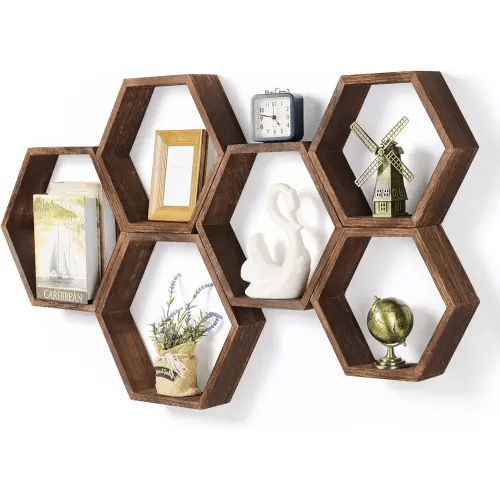 Hexagon Floating Shelves Set of 6 Farmhouse Honeycomb Wall Storage Shelf Wood Display Hexagonal Shelves Wall Mounted Hanging Rustic Shelf Racks for Bedroom Living Room Hallway Office Decor, Brown