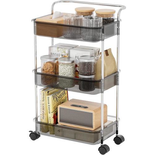 3 Tier Rolling Cart with Wheels, Plastic Storage Trolley for Kitchen, Bathroom, Laundry, Baby Diaper, Craft, Movable Utility Shelf Organizer with Handles, Black
