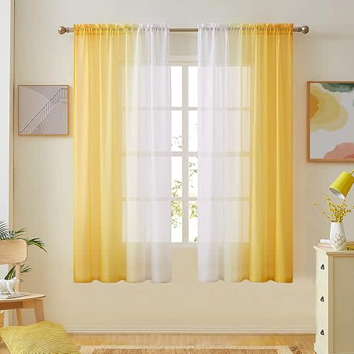 Ombre Faux Linen Sheer Curtains for Bedroom Living Room Rod Pocket, Privacy and Light Filtering, 2 Tone Reversible Gradient Voile Semi Window Curtains, Set of 2 Panels, Yellow, 54 x 63 Inch Length