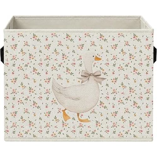 Goose Nursery Floral Storage Bins with Handles, Cottagecore Goose Farm Animal Nursery Foldable Collapsible Storage Basket Organizer for Kids Girls Room Bedroom Bathroom Books Clothes