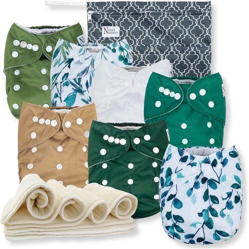 Nora's Nursery Morning Dew Cloth Diapers 7 Pack with 7 Inserts & 1 Wet Bag - Waterproof Cover, Washable, Reusable & One Size Adjustable Pocket Diapers for Newborns and Toddlers - Sage and Sea