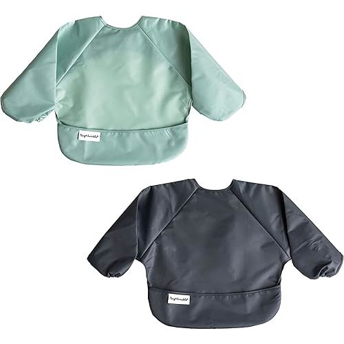 Tiny Twinkle Mess Proof Baby Bib, 2 Pack Long Sleeve Bib Outfit, Waterproof Bibs for Toddlers, Machine Washable, Tug Proof (Sage Charcoal, Small 6-24 Months)
