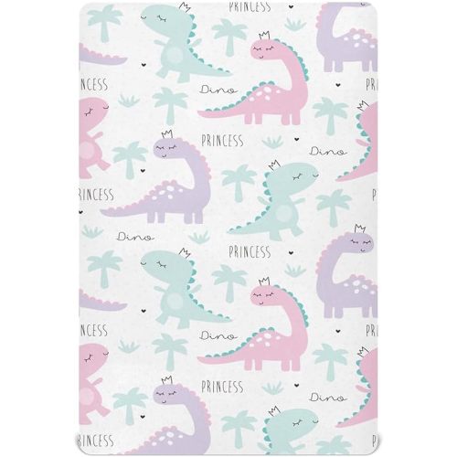 Dinosaur Princess Pink Green Fitted Crib Sheets Stretchy Portable Playard Sheets for Baby Toddler, Breathable Soft Mini Crib Mattress 52 x 28 in for Boys and Girls
