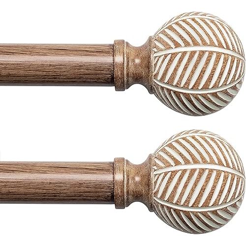 Wood Curtain Rods for Windows: 1 Inch Diameter Adjustable Drapery Rods 48" to 86", 2 Pack Heavy Duty Window Rod with Imitation Wood Grain Leaf Pattern Finials