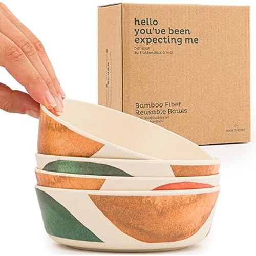 Nook Theory 4 Pack Bamboo Bowls - Alternative to Plastic Bowls, 18 Oz Bamboo Bowls Reusable, Kids Bowls, Shatterproof Bowls, Food-Grade, Dishwasher Safe - Bamboo Dishes (Arizona)