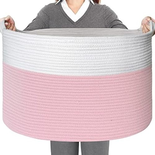 Extra Large Storage Basket - 23.6" x 23.6" x 14.1" Pink Blanket Basket Living Room, Soft Toy Baskets Storage Kids Dogs, Cotton Rope Woven Toy Storage Bin Box, Throw Pillow Holder Organizer