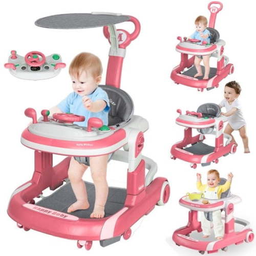 LUOLUO 5-in-1 Foldable Baby Walker with Foot Pads/Handles for Boys and Girls 6-24 Months, Pink