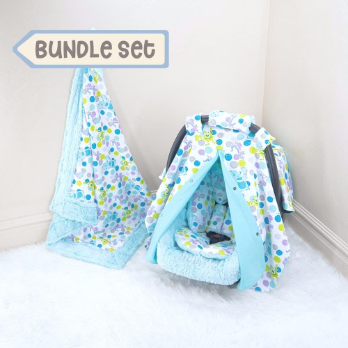 Monsters Inc Baby Boy Car Seat Accessories Bundle Set - Personalized Printed Name - Baby Blanket - Infant Car Seat Insert Cushions