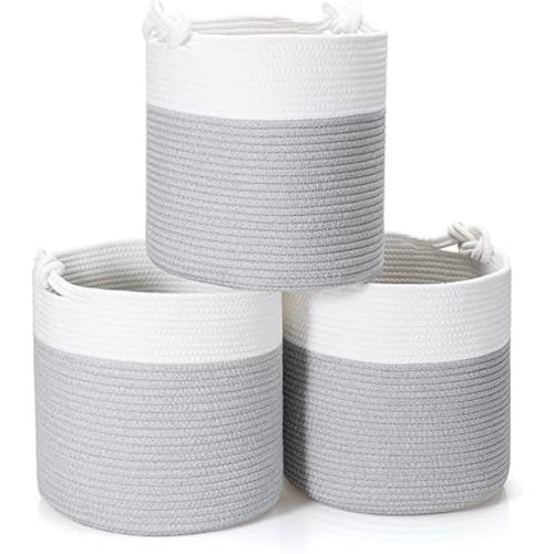 CLHMILY&Z 3 Pack Round Woven Cotton Storage Bins 11x11x11 Inch Collapsible Organizer Baskets for Cube Shelves Kids Room Closet and Home Decor Soft Durable Washable, grey