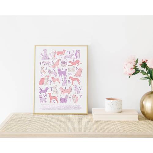 Pink Dog Alphabet Print for Nursery - Dog Nursery Wall Decor - Purple Dog Print- Girl's Nursery Art - 11x14 16x20 18x24